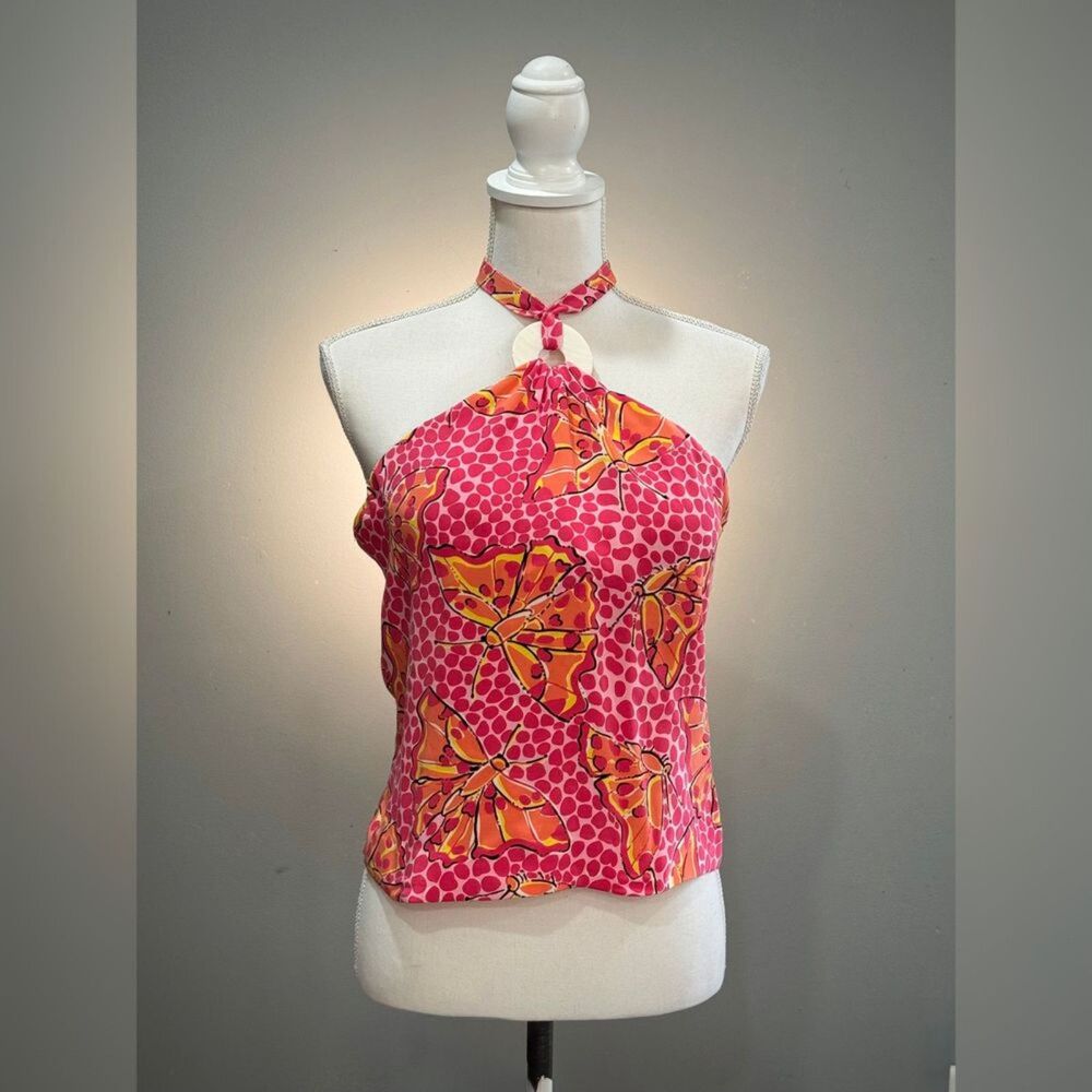 Pink Lilly Pulitzer Butterfly Silk Halter Top Y2K Size 8 EUC